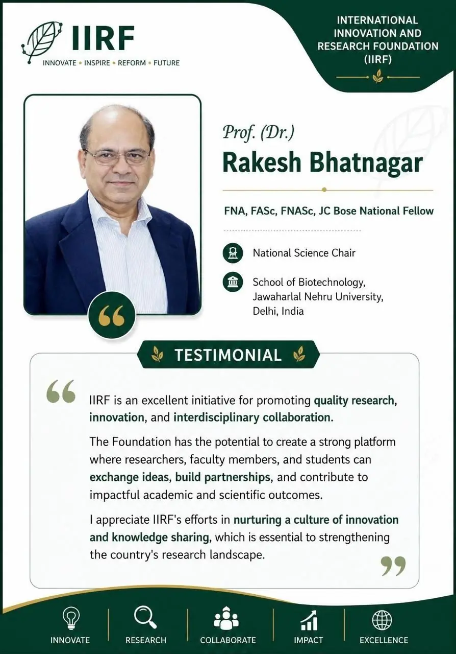 Testimonial card — Prof. Rakesh Bhatnagar on IIRF