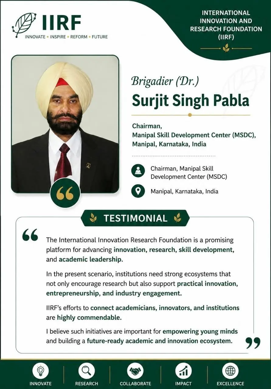 Testimonial card — Brigadier (Dr.) Surjit Singh Pabla on IIRF