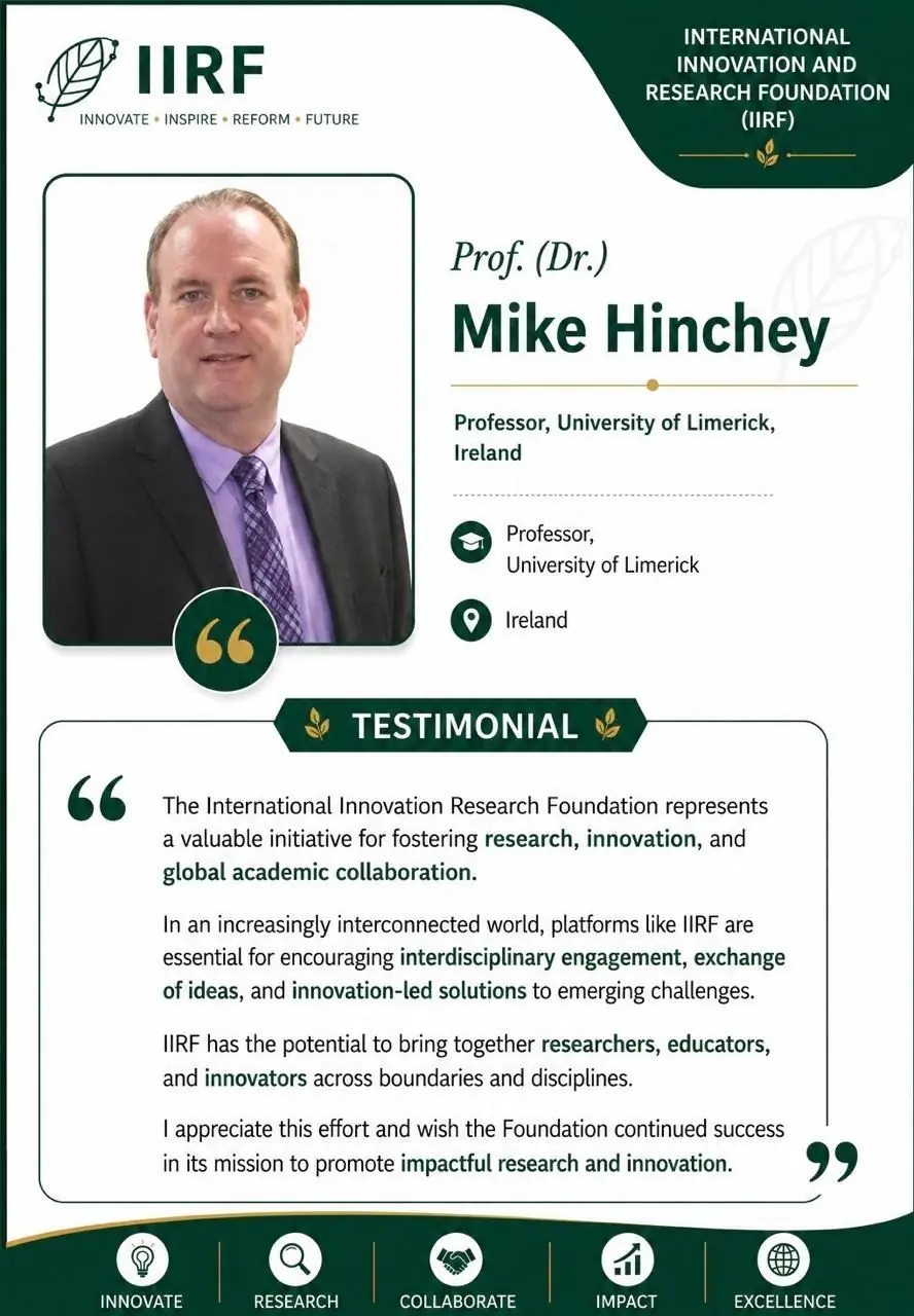 Testimonial card — Prof. Mike Hinchey on IIRF