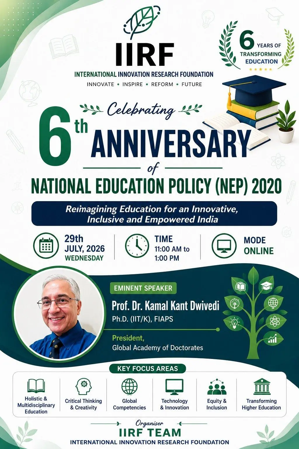 Poster — Celebrating the 6th Anniversary of the National Education Policy (NEP) 2020, 29 July 2026, speaker Prof. Dr. Kamal Kant Dwivedi