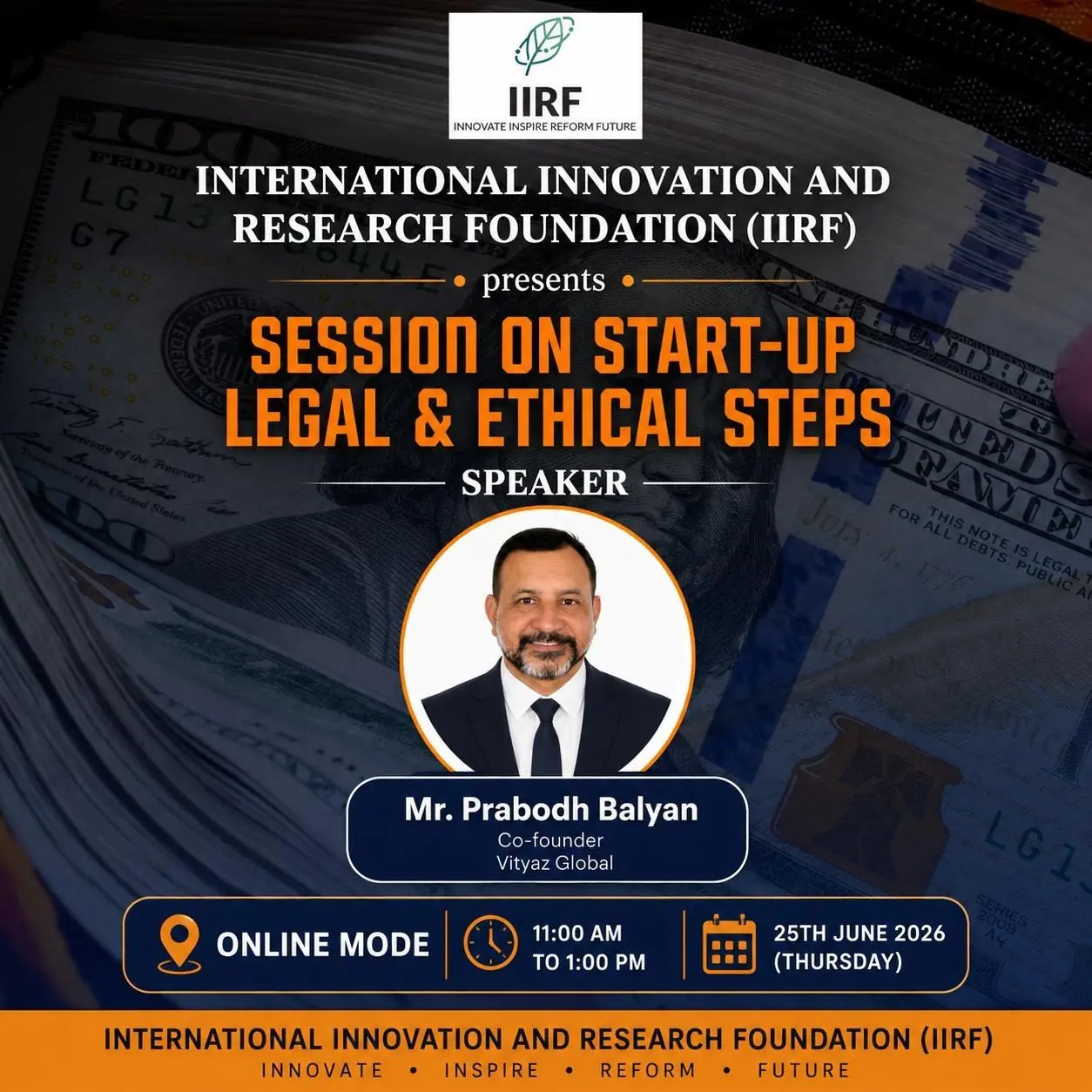 Poster — Session on Start-Up Legal & Ethical Steps, 25 June 2026, speaker Mr. Prabodh Balyan